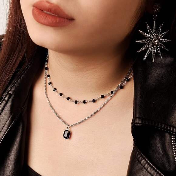 Gothic Boho Crystal Necklace Layered Black Choker Jewelry Gift for Women - Picture 2 of 7